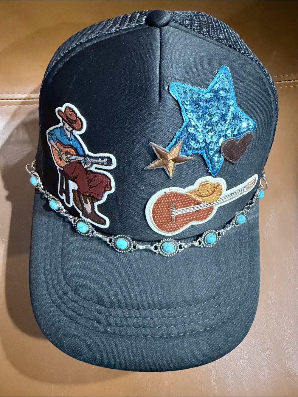Black Embellished Trucker Hat with Turquoise Accents
